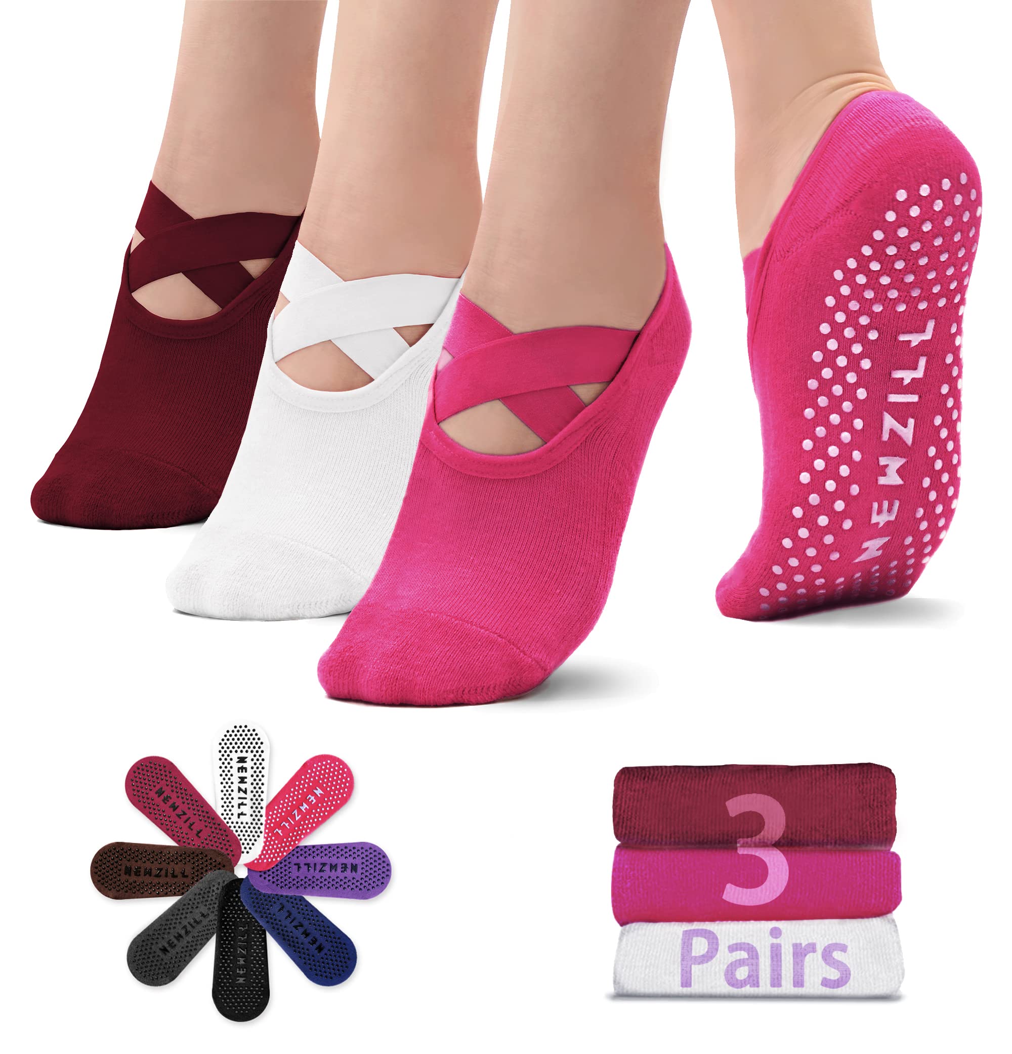 NEWZILL Yoga Socks for Women Non-Slip Grips & Straps, Ideal for Pilates, Pure Barre, Ballet, Dance, Barefoot Workout (3 Pairs-White/Red/Pink)