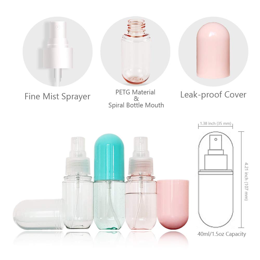 SMARTOWN 3 Pcs 1.5oz/40ml Fine Mist Spray Bottle for Travel and Home, Empty Mini Portable Cosmetic Atomizer, Small Refillable Liquid Containers for Alcohol, Hand Sanitizer, Perfume (3 Colors Pack)