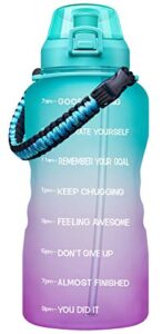 giotto large 1 gallon motivational water bottle with paracord handle & removable straw - leakproof tritan bpa free fitness sports water jug with time marker-green/purple gradient