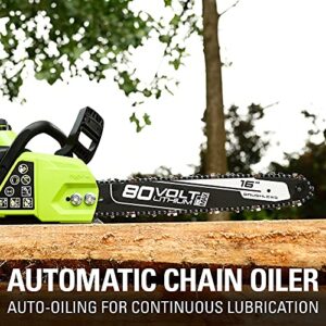 Greenworks 80V 16" Brushless Cordless Chainsaw (Great For Tree Felling, Limbing, Pruning, and Firewood / 75+ Compatible Tools), 2.5Ah Battery and Charger Included