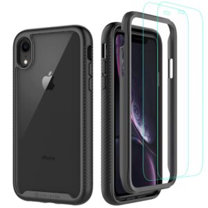 cellever clear full body case for iphone xr, heavy duty protection with anti-slip tpu bumper and [2 tempered 9h glass screen protectors] shockproof transparent phone cover 6.1 inch (black)