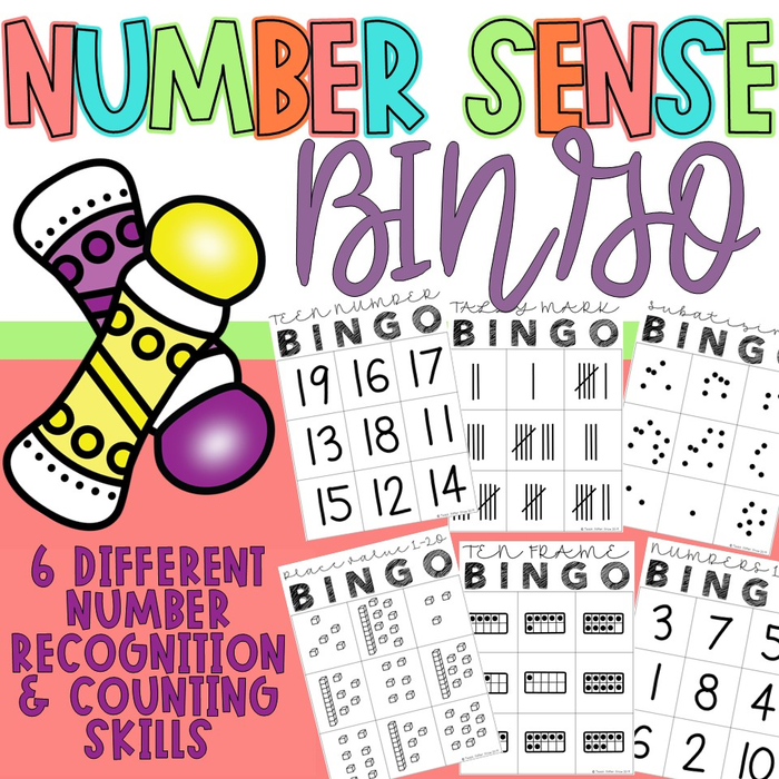 Number Sense BINGO - tally marks, 10 frames, place value, number ID, subatizing