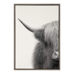 kate and laurel sylvie hey dude highland cow crop linen textured framed canvas wall art by the creative bunch studio, 23x33 gray, chic animal art for wall