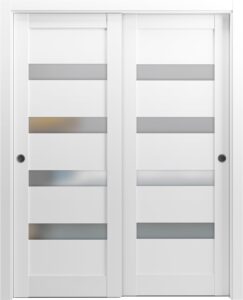 sliding closet bypass doors 60 x 80 with hardware | quadro 4113 white silk with frosted opaque glass | sturdy top mount rails moldings trims set | kitchen lite wooden solid bedroom wardrobe doors