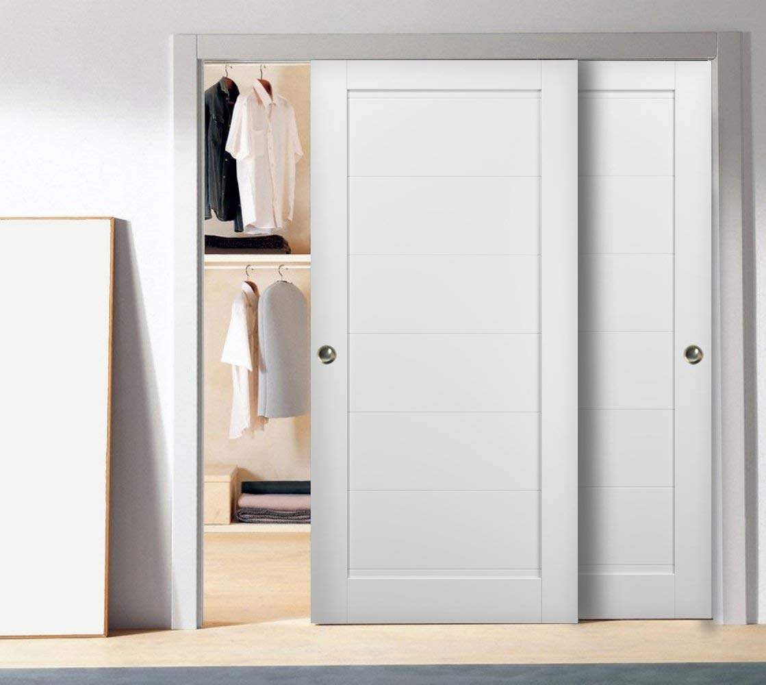 Sliding Closet Bypass Doors 56 x 80 with Hardware | Quadro 4115 White Silk | Sturdy Top Mount Rails Moldings Trims Set | Kitchen Wooden Solid Bedroom Wardrobe Doors