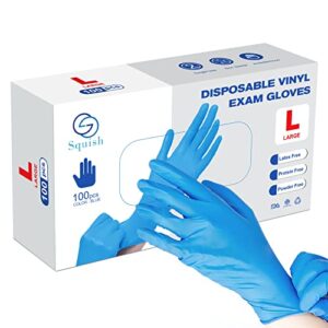 squish disposable gloves, 100pcs blue vinyl blend exam gloves non sterile, powder free, latex free - cleaning supplies, kitchen and food safe(pack of 100) (blue large)