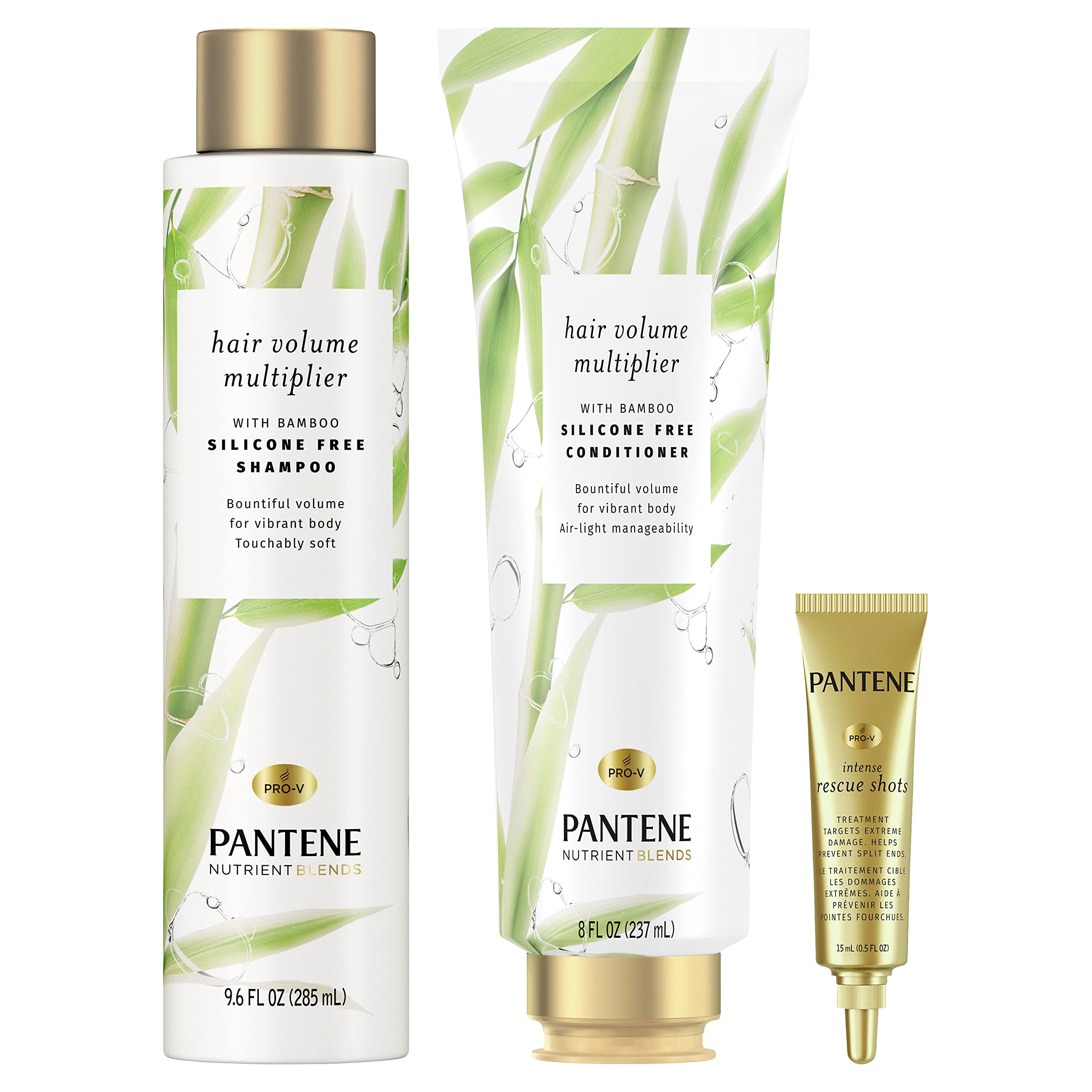 Pantene Shampoo and Conditioner Plus Rescue Shot Treatment, with Bamboo, Nutrient Blends Hair Volume Multiplier