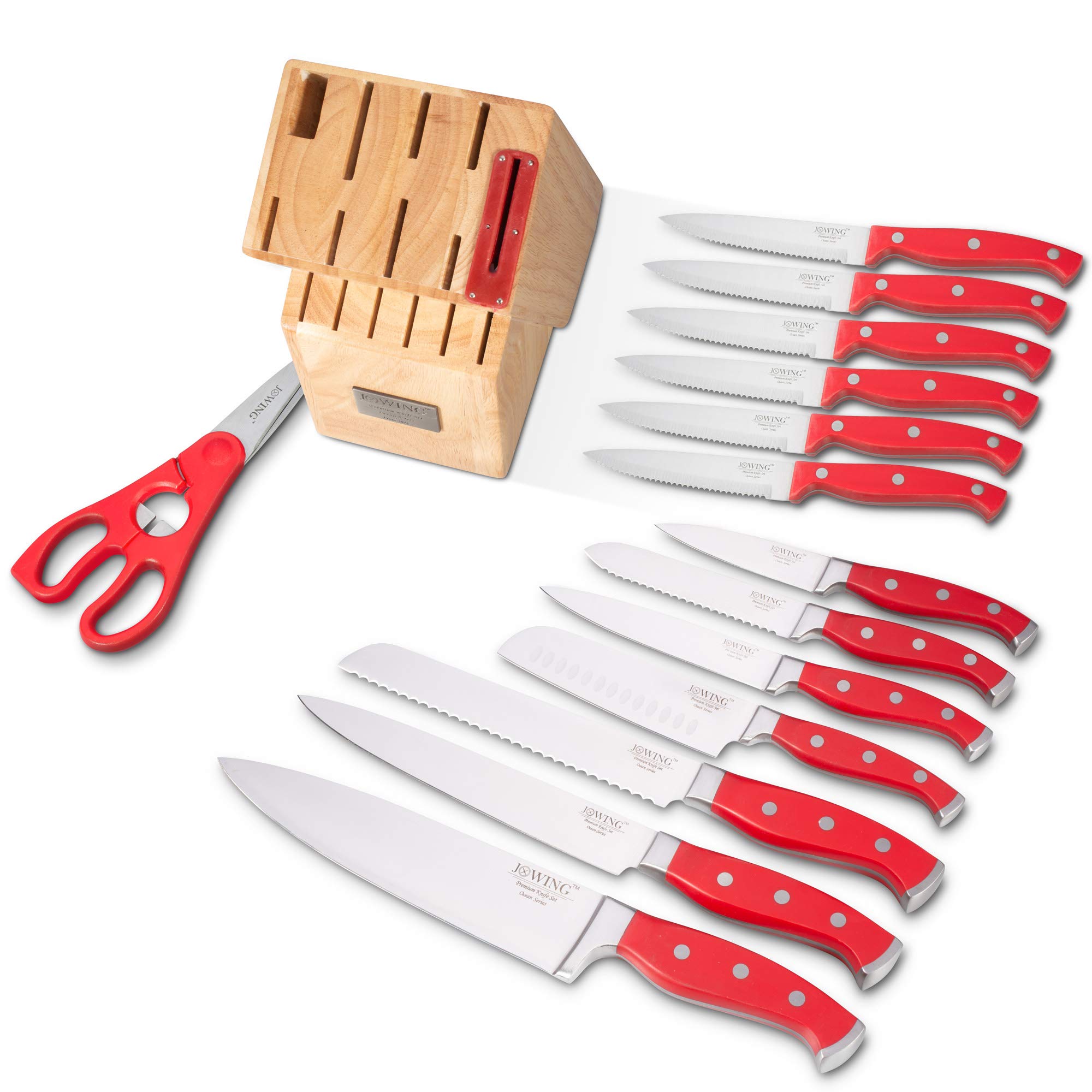 JXWING Professional 15-Piece German High Carbon Stainless Steel Kitchen Knife Set, Ocean Series Premium Forged Full Tang Chef Knives Set with Rubber Wood Block, Red