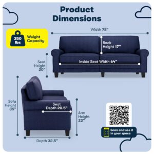 Serta Copenhagen 78" Sofa - Pillowed Back Cushions and Rounded Arms, Durable Modern Upholstered Fabric - Navy Blue