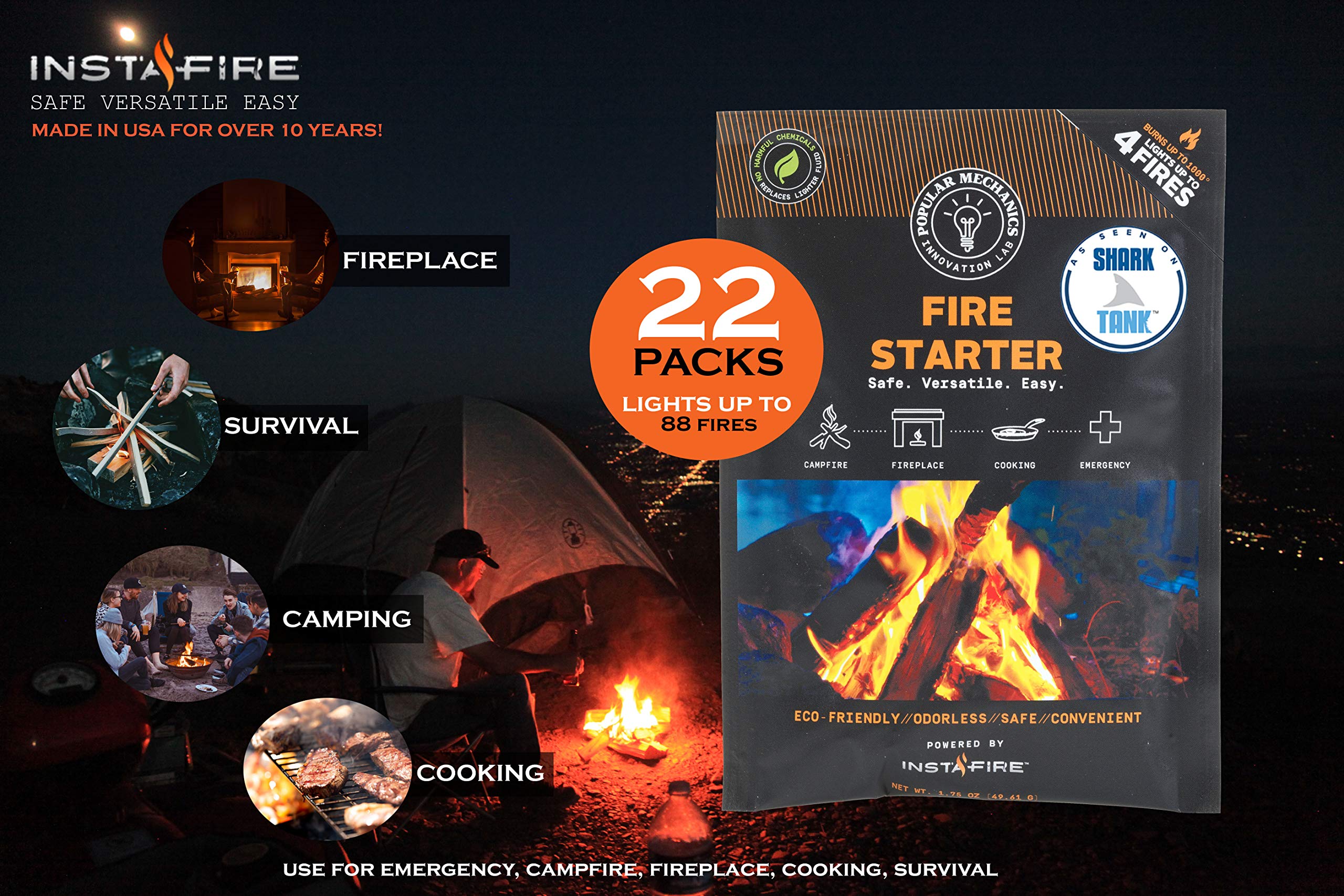 Insta-Fire Fire Starter (22 Packs) - Endorsed by Popular Mechanics - Camping, Emergencies, Hiking, Fishing, Boating, Fire Pits, Grilling, Survival, Food Storage, Boiling Water (as Seen on Shark Tank!)