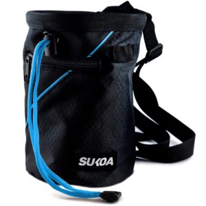 sukoa chalk bag for rock climbing - bouldering chalk bag bucket with quick-clip belt and 2 large zippered pockets - rock climbing gear equipment (blue)