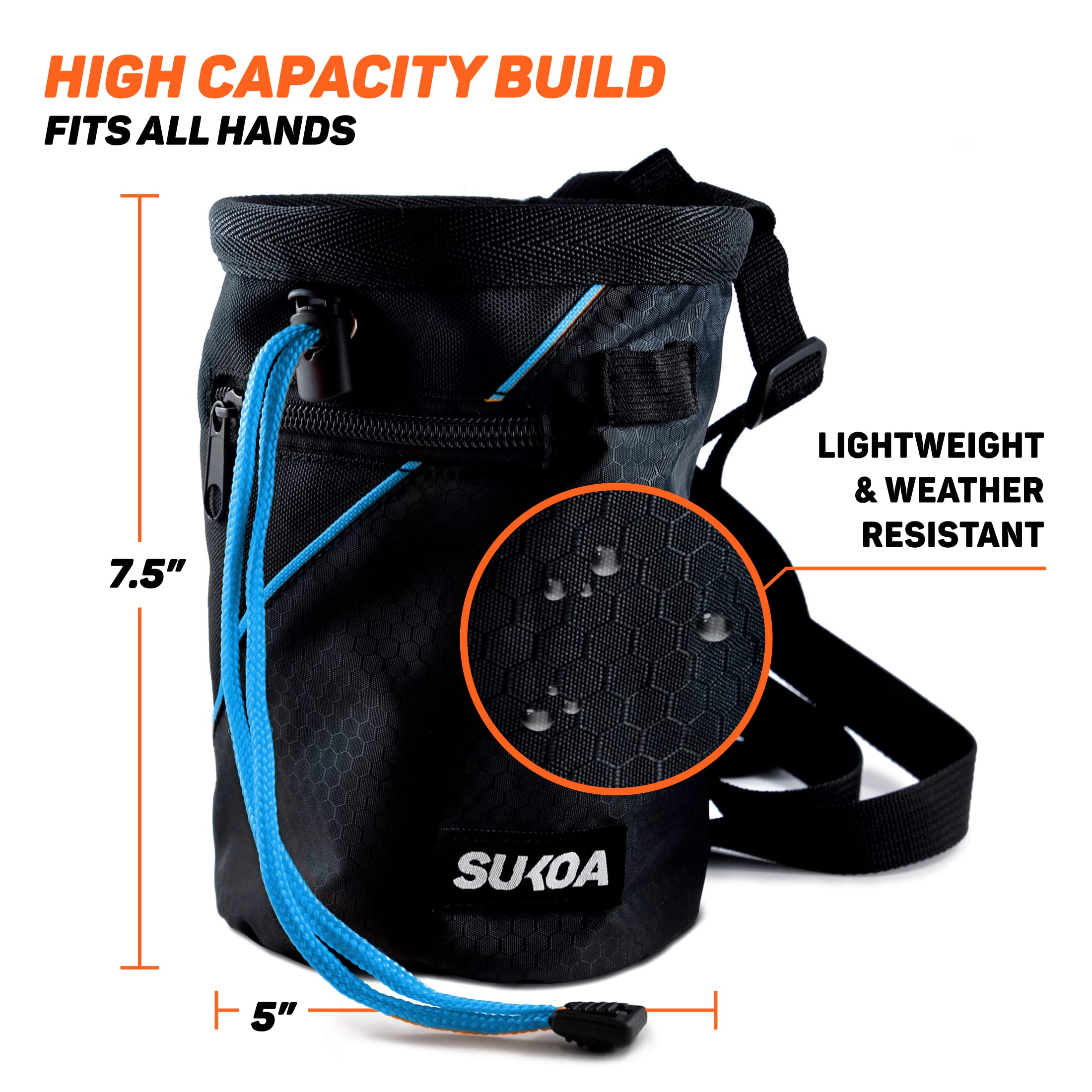 Sukoa Chalk Bag for Rock Climbing - Bouldering Chalk Bag Bucket with Quick-Clip Belt and 2 Large Zippered Pockets - Rock Climbing Gear Equipment (Blue)