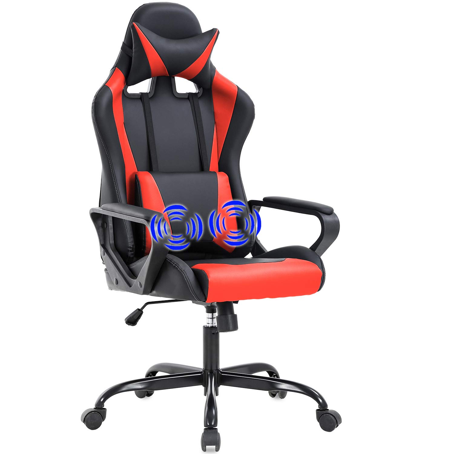 Gaming Chair Home Office Chair Racing Desk Chair with Lumbar Support Arms Headrest High Back PU Leather Massage Ergonomic Chair Rolling Swivel Adjustable PC Computer Chair for Women Adults Girls(Red)