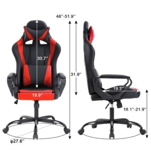 Gaming Chair Home Office Chair Racing Desk Chair with Lumbar Support Arms Headrest High Back PU Leather Massage Ergonomic Chair Rolling Swivel Adjustable PC Computer Chair for Women Adults Girls(Red)