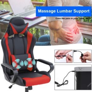 Gaming Chair Home Office Chair Racing Desk Chair with Lumbar Support Arms Headrest High Back PU Leather Massage Ergonomic Chair Rolling Swivel Adjustable PC Computer Chair for Women Adults Girls(Red)