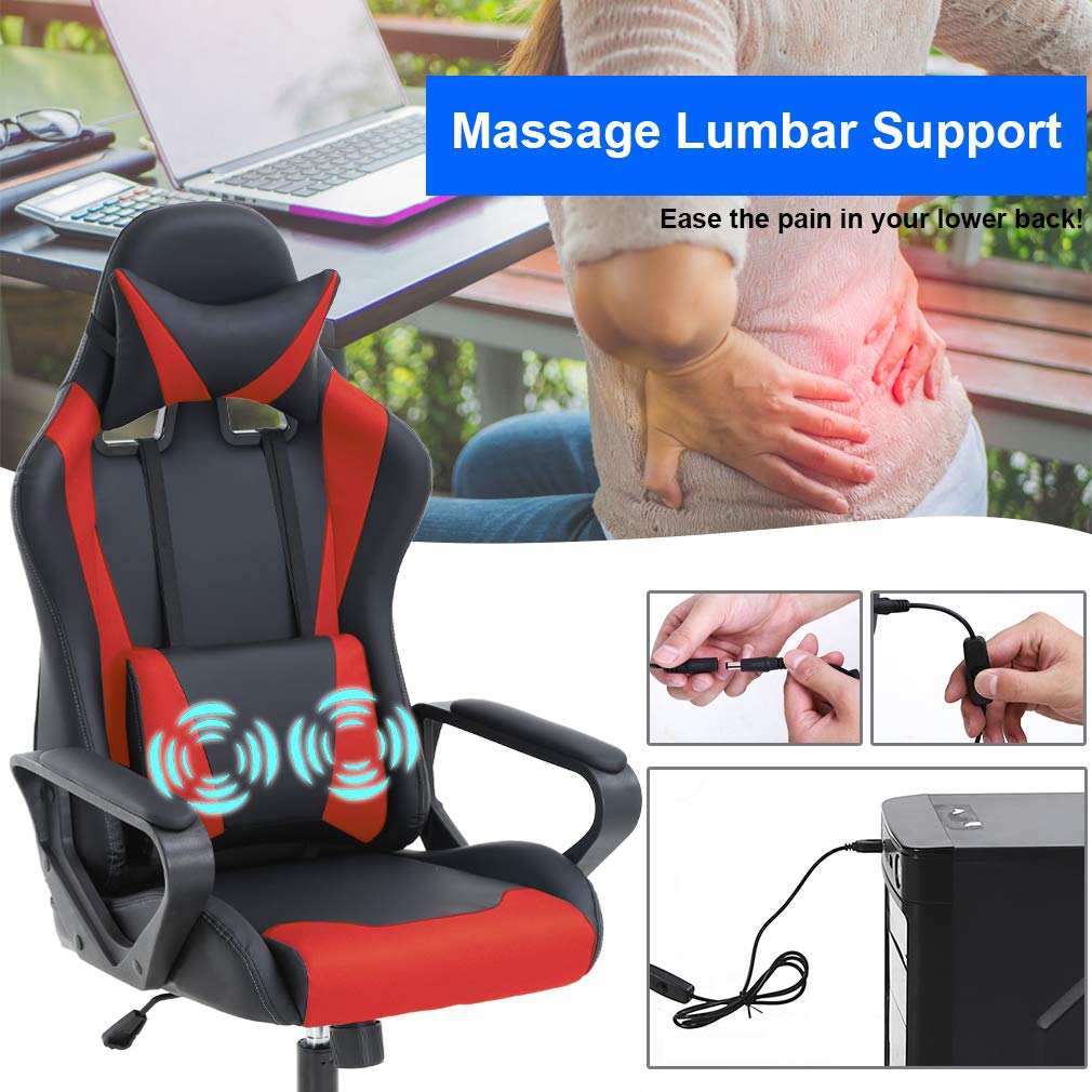 Gaming Chair Home Office Chair Racing Desk Chair with Lumbar Support Arms Headrest High Back PU Leather Massage Ergonomic Chair Rolling Swivel Adjustable PC Computer Chair for Women Adults Girls(Red)