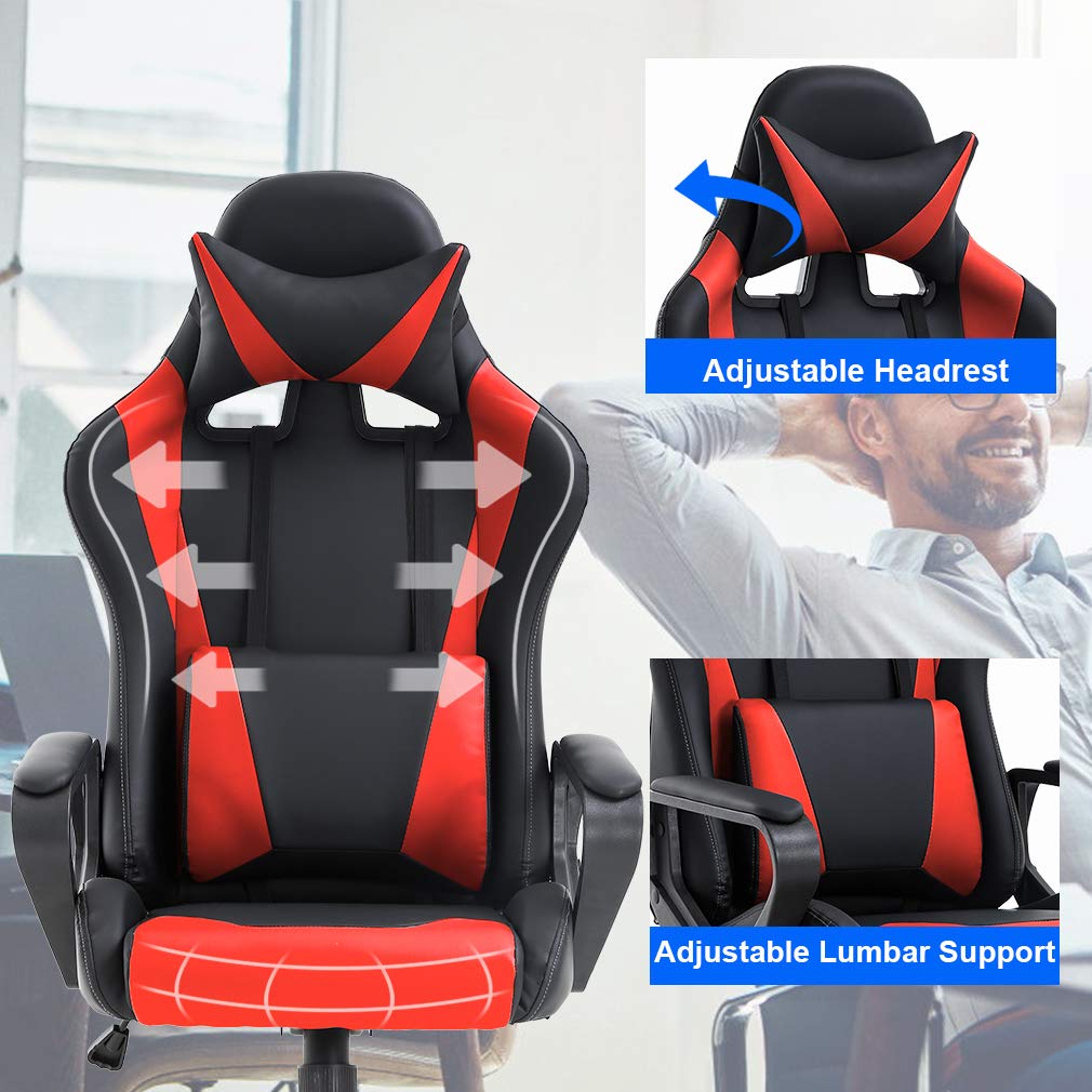 Gaming Chair Home Office Chair Racing Desk Chair with Lumbar Support Arms Headrest High Back PU Leather Massage Ergonomic Chair Rolling Swivel Adjustable PC Computer Chair for Women Adults Girls(Red)