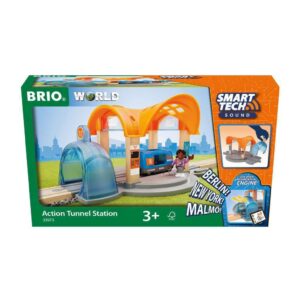 brio 33973 smart tech sound action tunnel station | wooden toy train set for kids age 3 and up