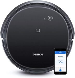 ecovacs deebot 500 robot vacuum cleaner with max power suction, up to 110 min runtime, hard floors and carpets, pet hair, app controls, self-charging, quiet, large, black (renewed)