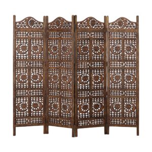 hand carved sun and moon design foldable 4 panel wooden room divider