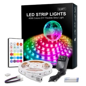rgb led strip lights 32.8ft,4096 diy colors rope lights with memory function, self-adhesive color changing light strip with remote, 30mins timing off led tape light kits for home decor