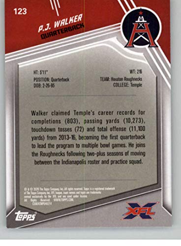 2020 Topps XFL Football #123 P.J. Walker RC Rookie Card Houston Roughnecks Official "Xtra-Fun Football League" Trading Card