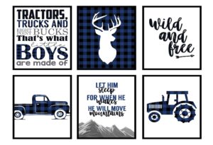 silly goose gifts navy blue buffalo plaid deer tractor truck themed children wall decor (set of six) stag hunting
