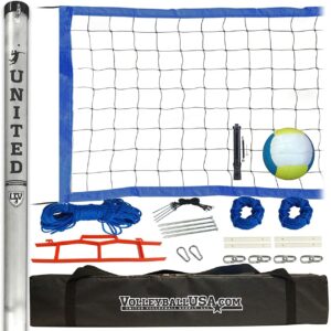high strength portable volleyball net system with volleyball and pump
