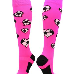 MadSportsStuff Love Soccer Hearts Socks Over the Calf (Neon Pink Small)