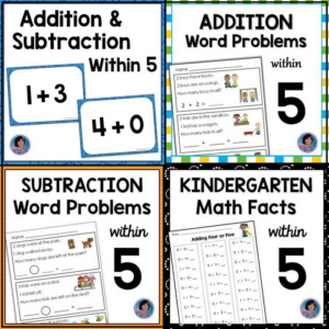 addition and subtraction within five {fact fluency worksheets, cards, and word problems}