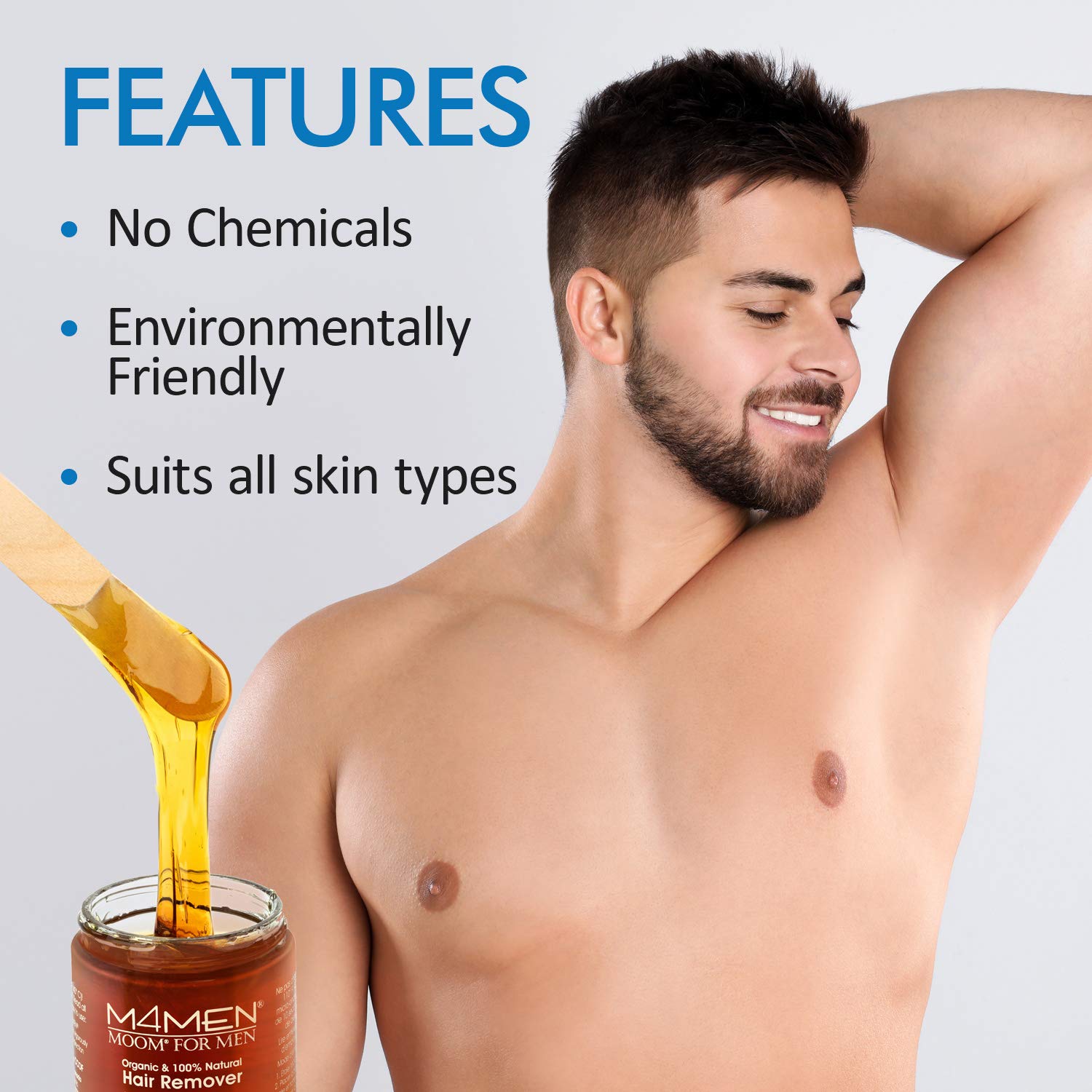 MOOM Organic Body Hair Removal for Men with Aloe Vera & Chamomile - Natural Sugar Wax Hair Removal Glaze with 18 Hair Wax Strips & 4 Applicator Sticks for Face & Body 6 oz. 1 Pack