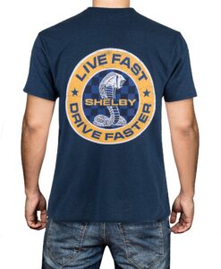 shelby cobra snake live fast, drive faster tee t-shirt | breathable and lightweight fabric | double needle stitched sleeves and bottom hem | indigo | size-l