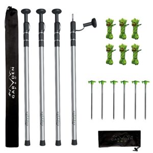 telescoping tarp poles | replacement canopy adjustable aluminum rods, portable & lightweight for tent fly, awning, outdoor camping, hiking, backpacking & rainfly + pegs & reflective ropes
