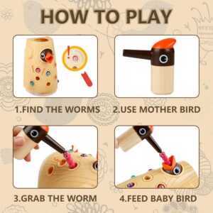 TOP BRIGHT Montessori Toys for 2 Year Old Girl and Boy Gifts, Fine Motor Skills Toddler Toys Age 2-4, Woodpecker Worm Toy Magnetic Bird Feeding Game