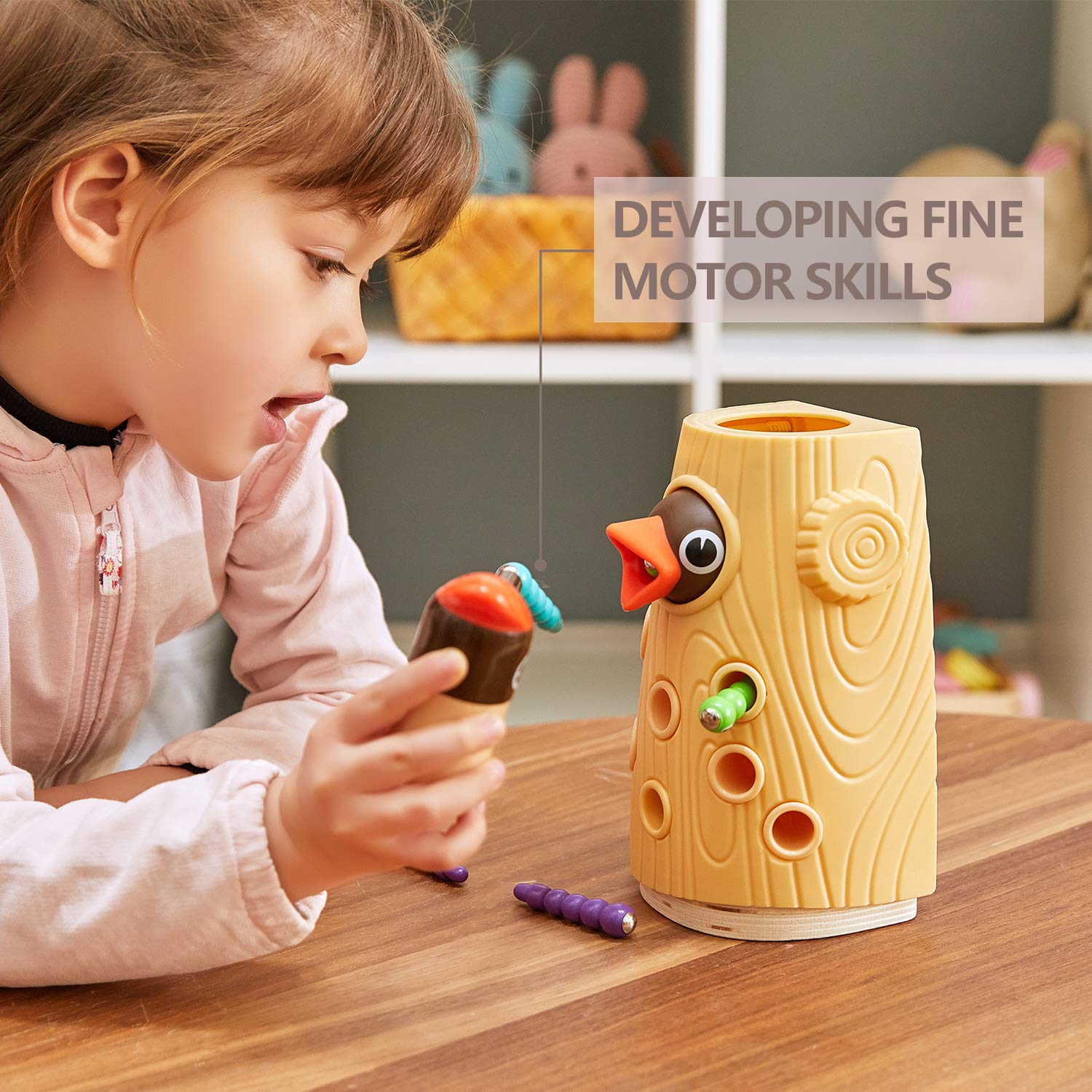 TOP BRIGHT Montessori Toys for 2 Year Old Girl and Boy Gifts, Fine Motor Skills Toddler Toys Age 2-4, Woodpecker Worm Toy Magnetic Bird Feeding Game