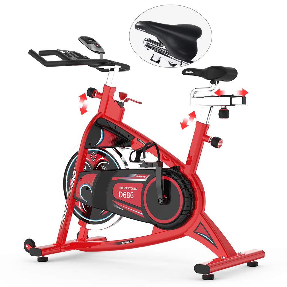 pooboo Stationary Exercise Bike Indoor Cycling Bike with LCD Display, 40LBS Heavy-Duty Flywheel for Cardio Workout wihout Ipad Holder(Red)