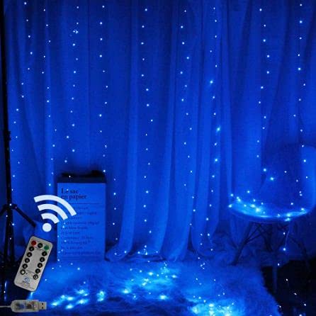 JMTGNSEP Curtain Light with 8 Modes Control Decoration for Window Home Patio Garden Christmas Indoor Outdoor Decoration, USB Operated, IP64WATERPROOF (Blue)