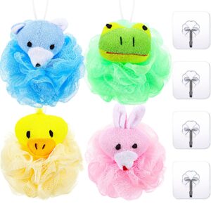 4 pieces animal bath sponge cute shower sponge colorful cartoon body scrubber balls animal pouf loofahs mesh with 4 pieces transparent adhesive hooks for kids adults gifts