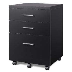 devaise 3 drawer file cabinet for home office, wood under desk filing cabinet, rolling printer stand with wheels, black