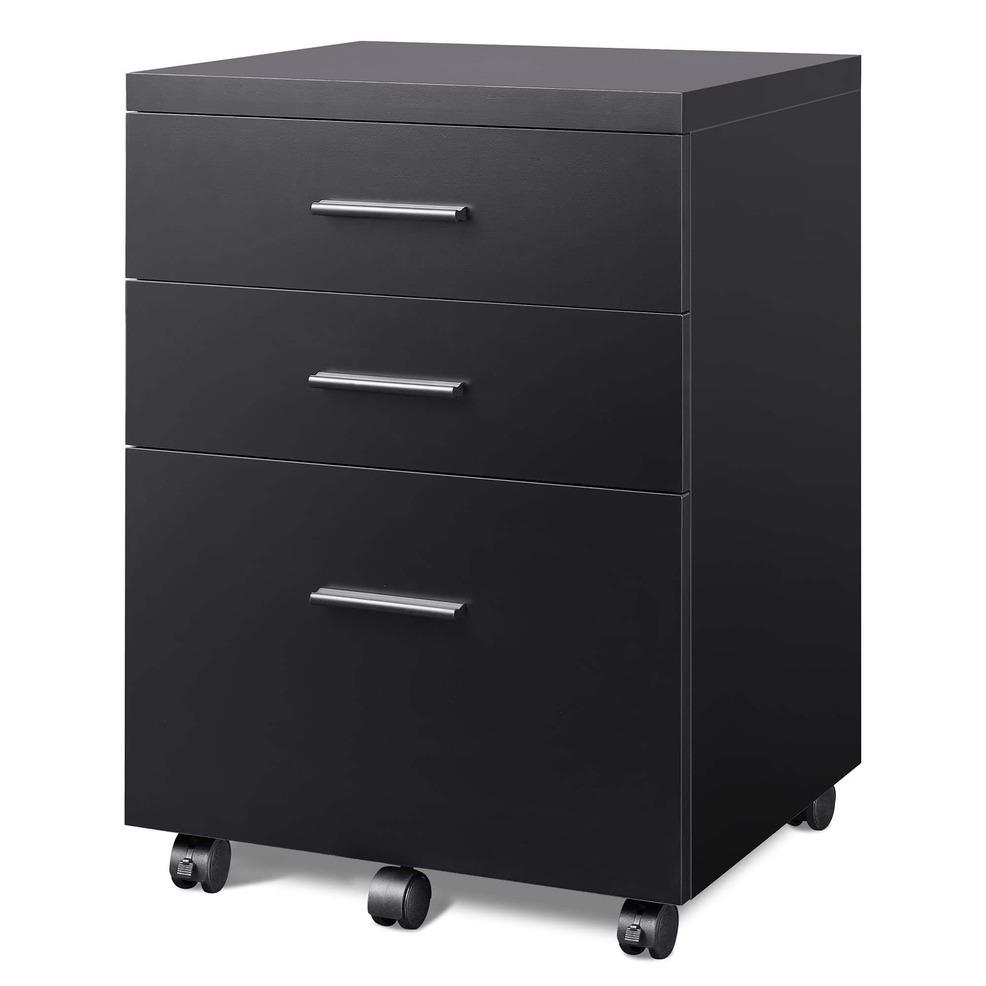 DEVAISE 3 Drawer File Cabinet for Home Office, Wood Under Desk Filing Cabinet, Rolling Printer Stand with Wheels, Black