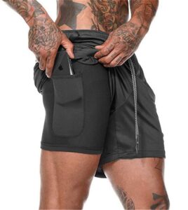 akk men's 2 in 1 running workout training yoga gym sport zipper phone pockets shorts, black, medium
