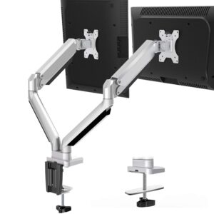 mountup dual monitor desk mount, die-cast aluminum fully adjustable double monitor arm with gas spring, computer monitor stand fits 2 screen 17 to 32 inch - each arm holds up to 17.6lbs, mu0024