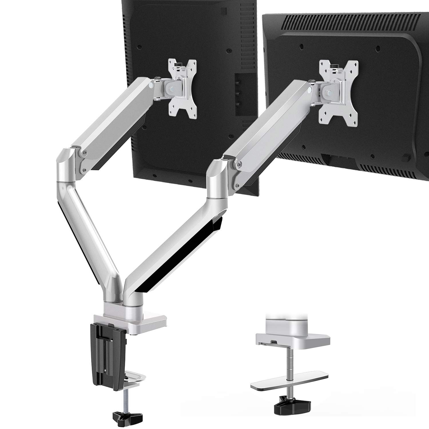 MOUNTUP Dual Monitor Desk Mount, Die-Cast Aluminum Fully Adjustable Double Monitor Arm with Gas Spring, Computer Monitor Stand Fits 2 Screen 17 to 32 inch - Each Arm Holds up to 17.6LBS, MU0024