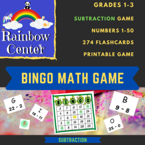 bingo math game - subtraction - grades 1-3 using numbers 1-50 - printable game