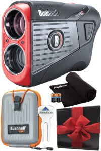 bushnell tour v5 (standard) golf laser rangefinder patriot pack playbetter bundle | with carrying case, divot tool, playbetter microfiber towel and two batteries | pinseeker jolt, 6x mag | 201901p
