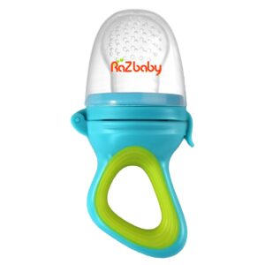 RaZbaby Baby Solids/Frozen Fruit Feeder Pacifier, Infant Teether Toy 6M+, BPA-Free Silicone Pouch & Nipple, Safely Introduce Solids, Natural Teething Relief, Dishwasher Safe, Freezable – Green/Blue