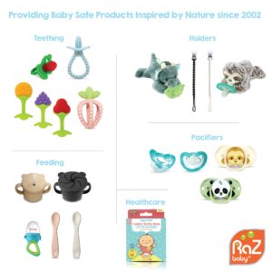 RaZbaby Baby Solids/Frozen Fruit Feeder Pacifier, Infant Teether Toy 6M+, BPA-Free Silicone Pouch & Nipple, Safely Introduce Solids, Natural Teething Relief, Dishwasher Safe, Freezable – Green/Blue