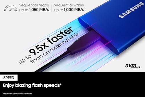 SAMSUNG T7 Portable SSD, 500GB External Solid State Drive, Speeds Up to 1,050MB/s, USB 3.2 Gen 2, Reliable Storage for Gaming, Students, Professionals, MU-PC500H/AM, Blue