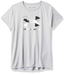 under armour girls tech graphic big logo short sleeve t-shirt, mod gray light heather (011)/black, youth large