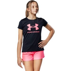 under armour girls tech sportstyle big logo short sleeve t-shirt, black (002)/cerise, youth x-large